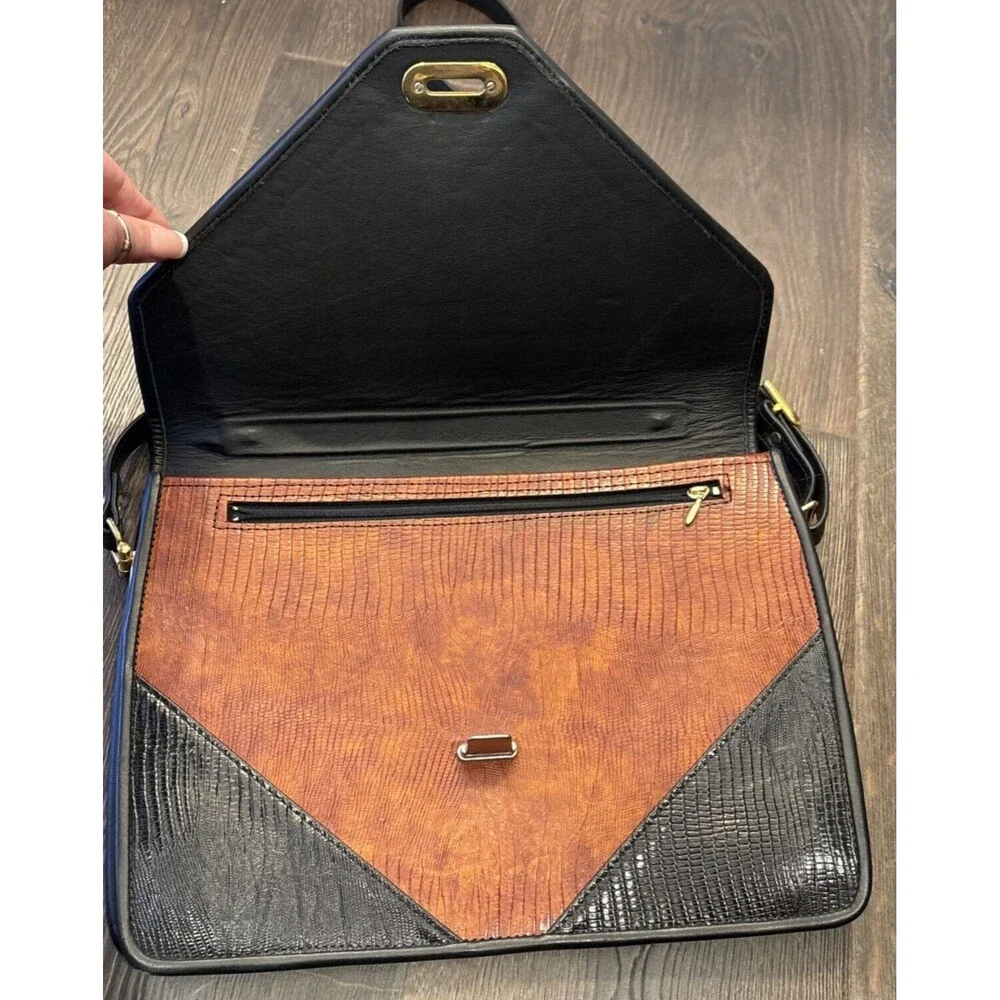 Roche Handmade Black & Brown Lizard Leather Convertible Handbag Briefcase